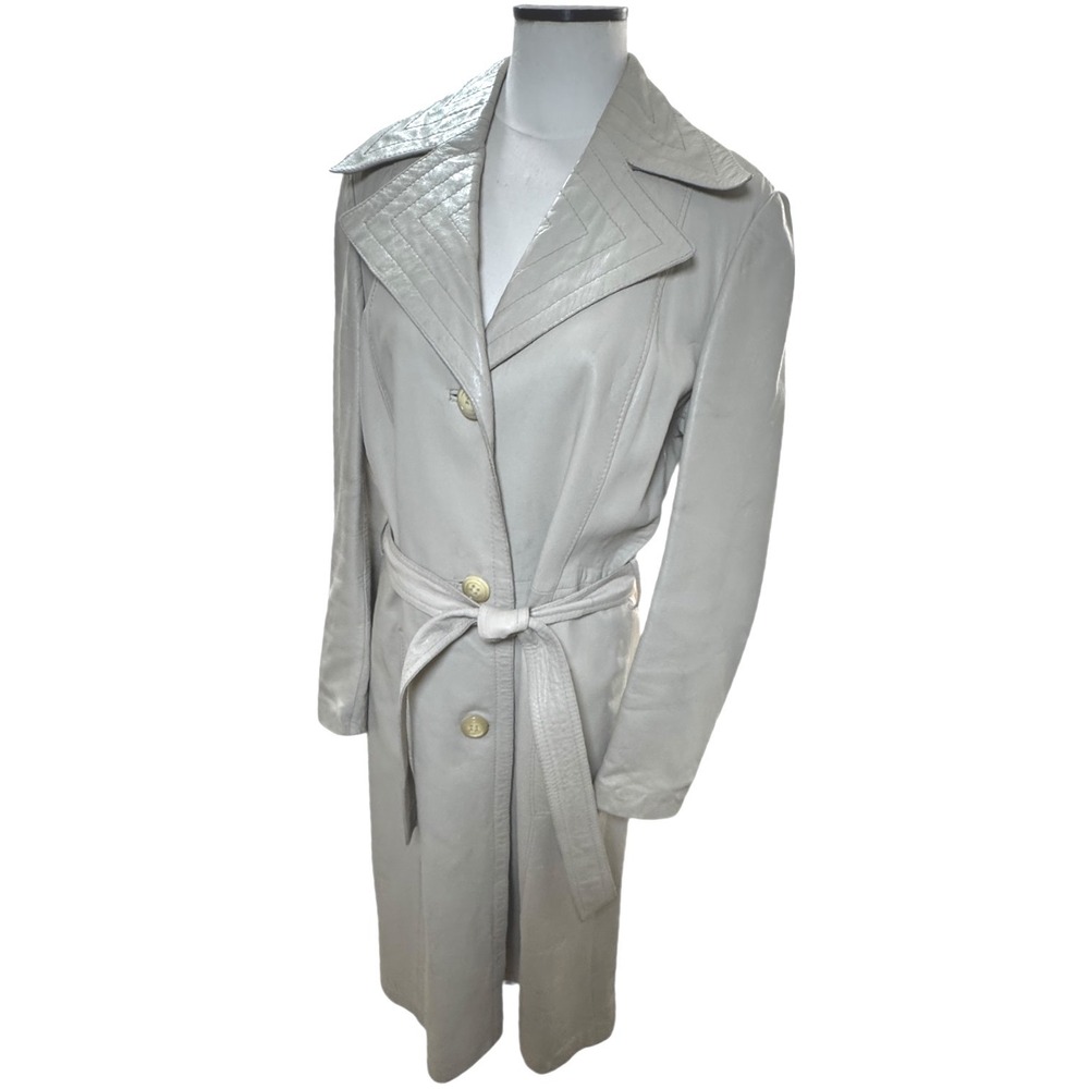LEDASPAIN by Gropper Leather Trench Coat Beige Belted Women's Size 14‎ Spain Vtg